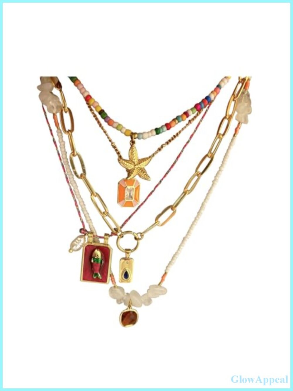 Bohemian Starfish Pearl Pendant Necklace Set 5 Layered Gold Chains
